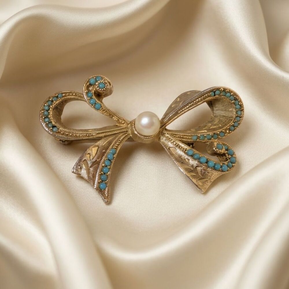 Vintage Signed Sphinx Bow Brooch Gold Tone Faux Pearl Turquoise Victorian